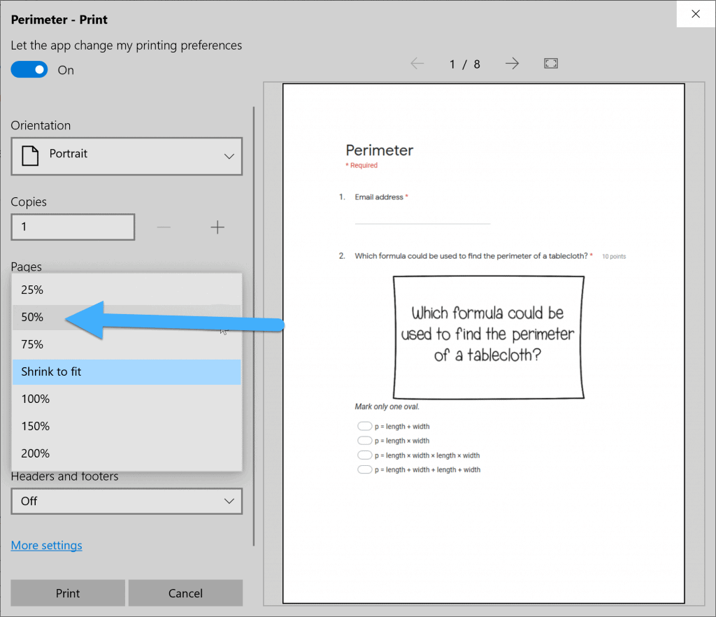 print dialog box when printing Google Forms using Microsoft Edge