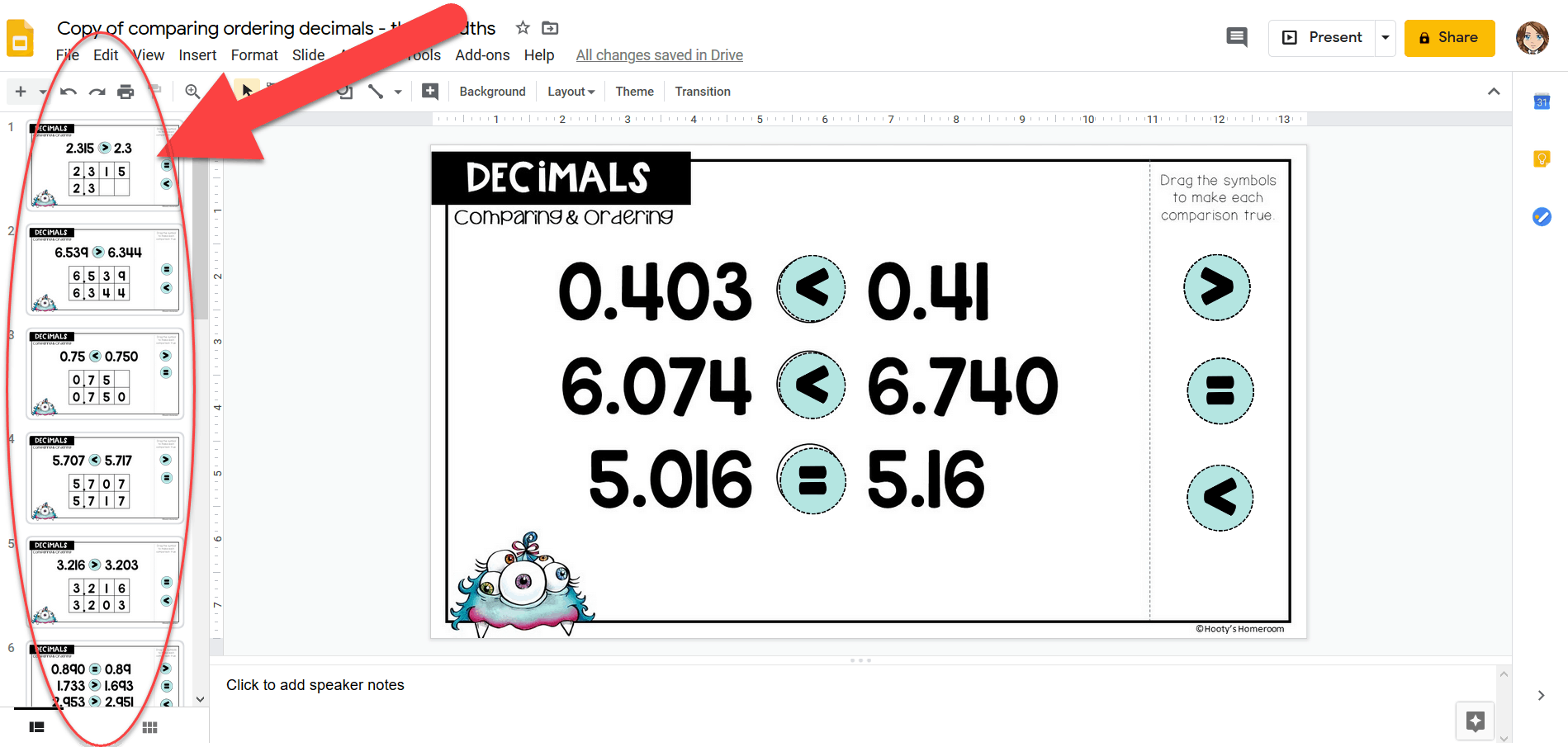 viewing the slide thumbnails in a google slides math activity