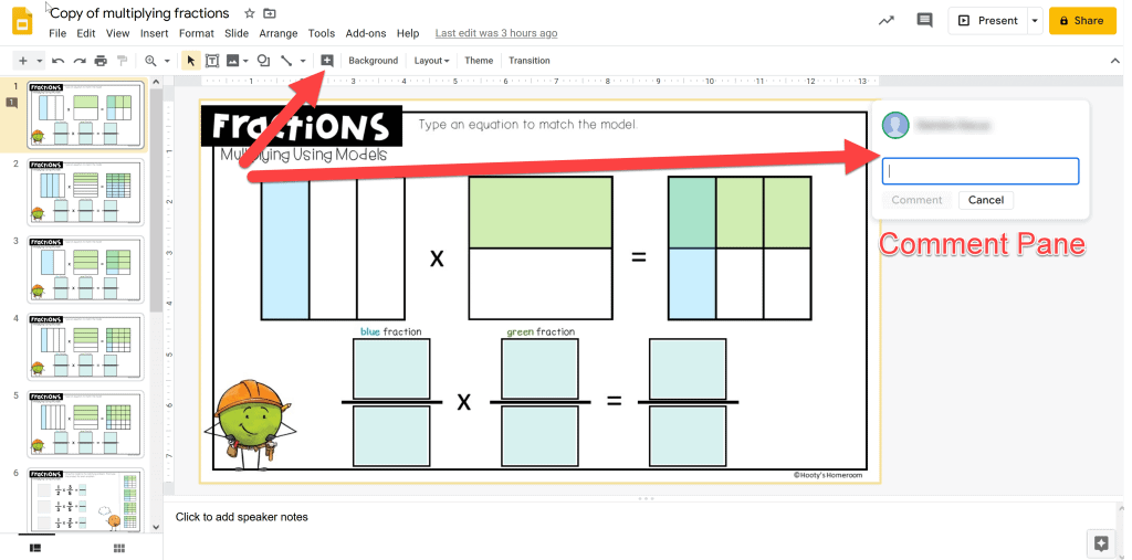 how to access the comment pane in google slides