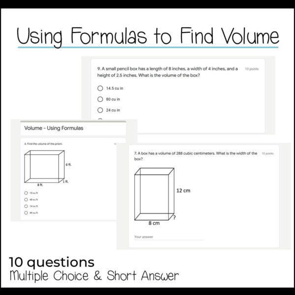 sample questions for using formulas to find volume