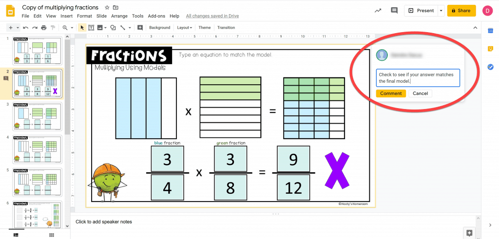 sample teacher comment pasted from google keep to the comment pane in google slides