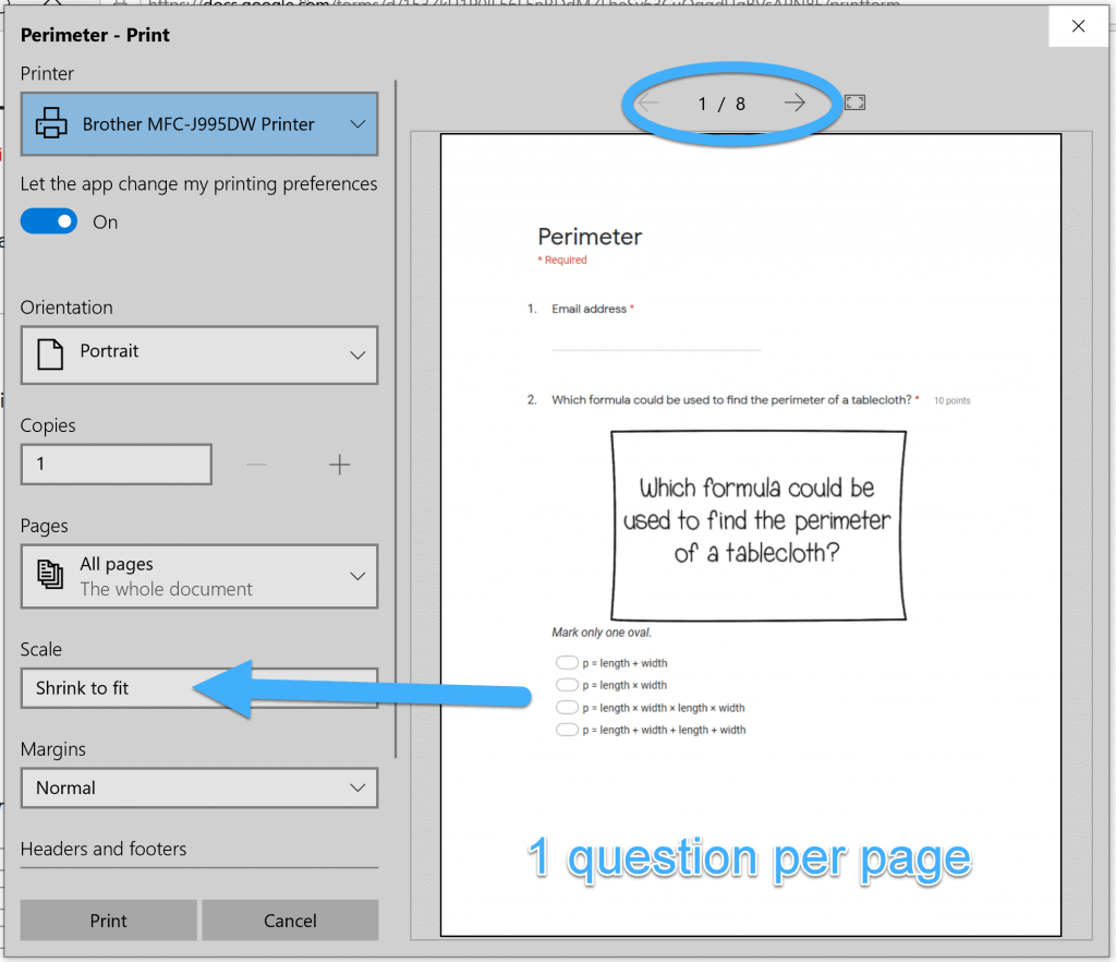 print dialog box when printing Google Forms using Microsoft Edge