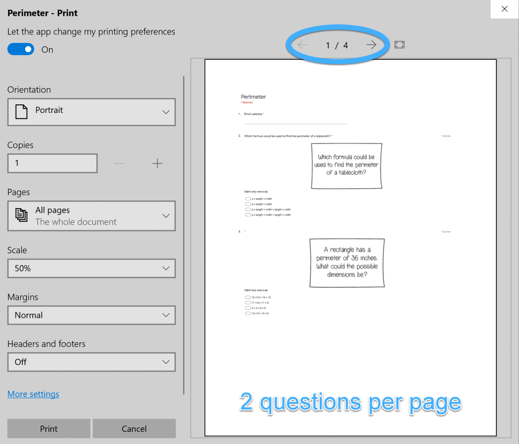 Microsoft Edge print dialog box