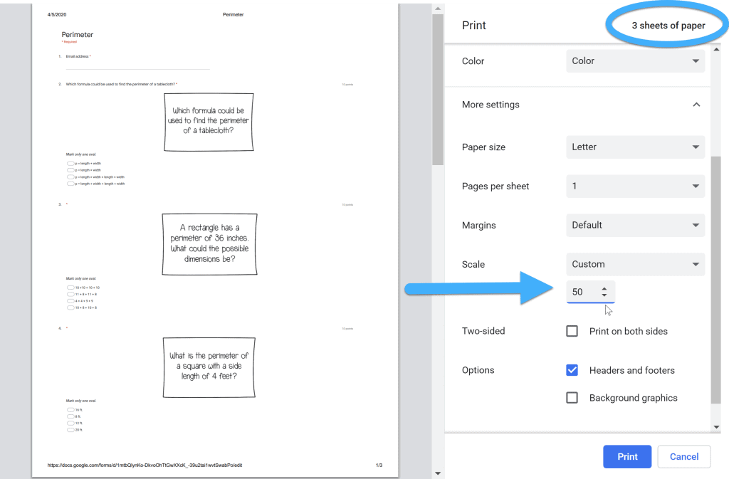 print dialog box when printing Google Forms using Chrome