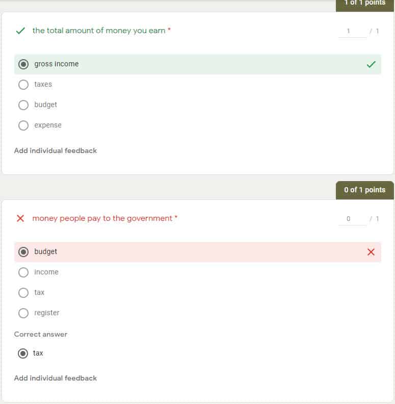 Google Forms student response data