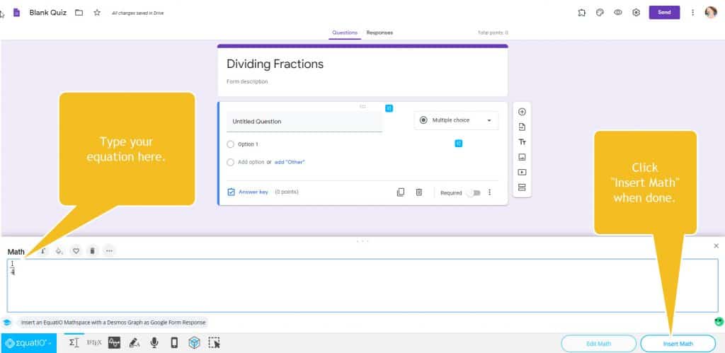 typing and inserting properly formatted fraction into a google forms assignment using chrome extension for math teachers