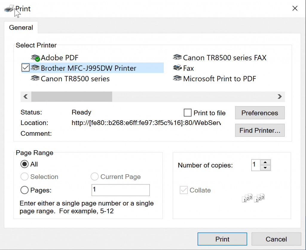 Firefox print dialog box