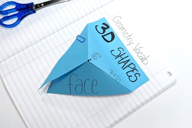 3D pyramid with geometry vocabulary shown in math journal