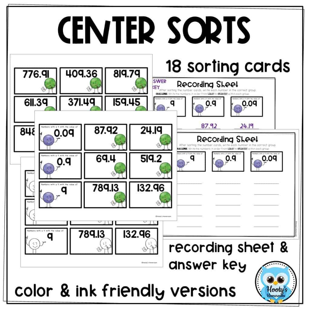 Decimal Place Value Sorts | Hundredths Place | Hooty's Homeroom