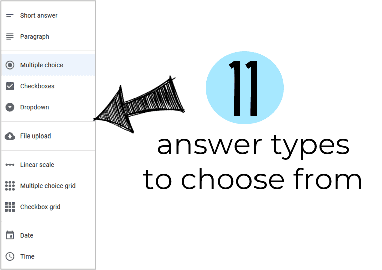 a list of 11 different answer types available in Google Forms