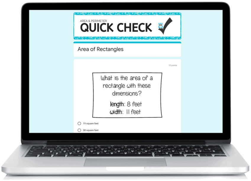 an example of a finding the area of rectangles quick check assessment in google forms