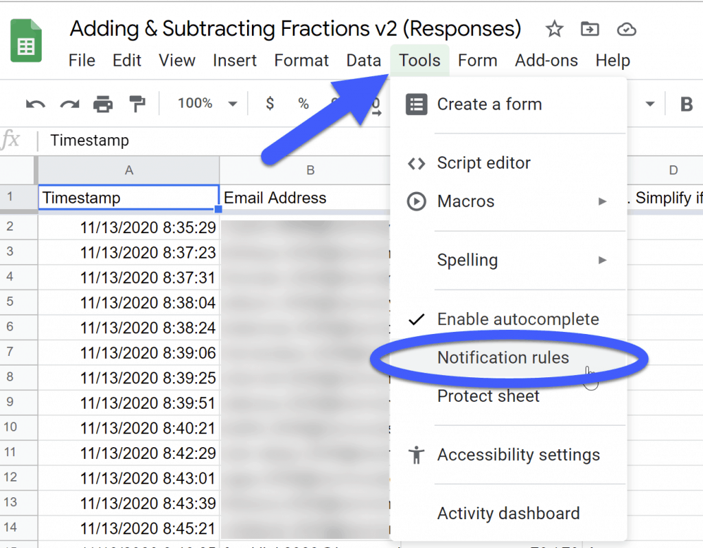 go to tools and select notification rules in google sheets