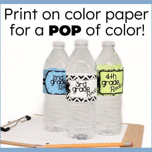 water bottle labels printed on colorful paper