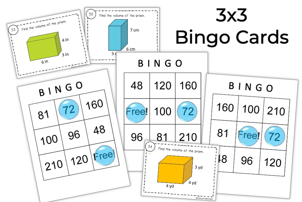 3x3 bingo card examples using volume of rectangular prisms task cards