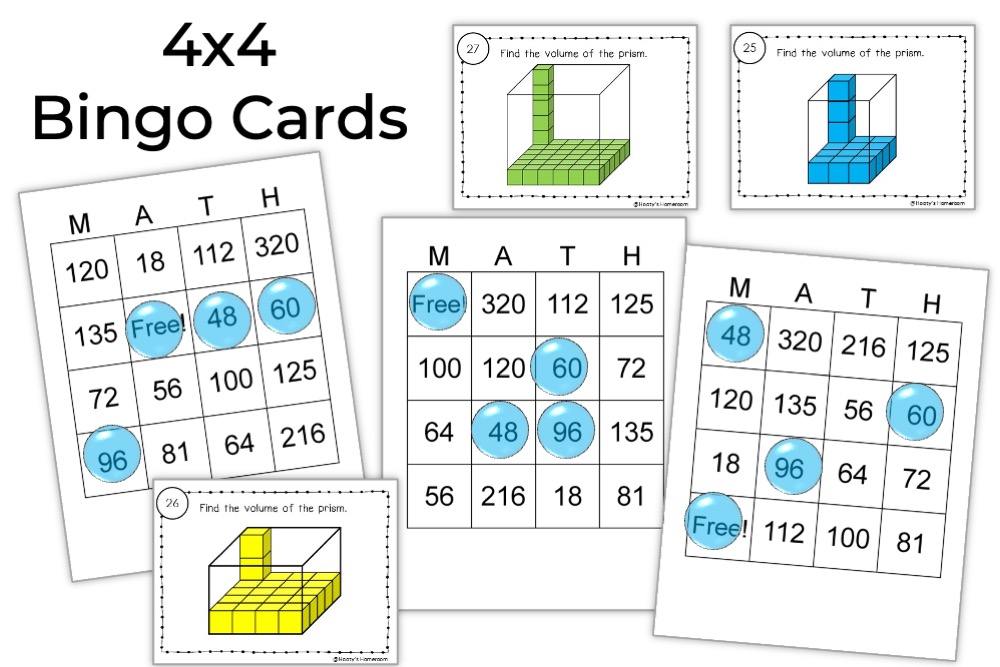 4x4 bingo card examples using volume of rectangular prisms task cards