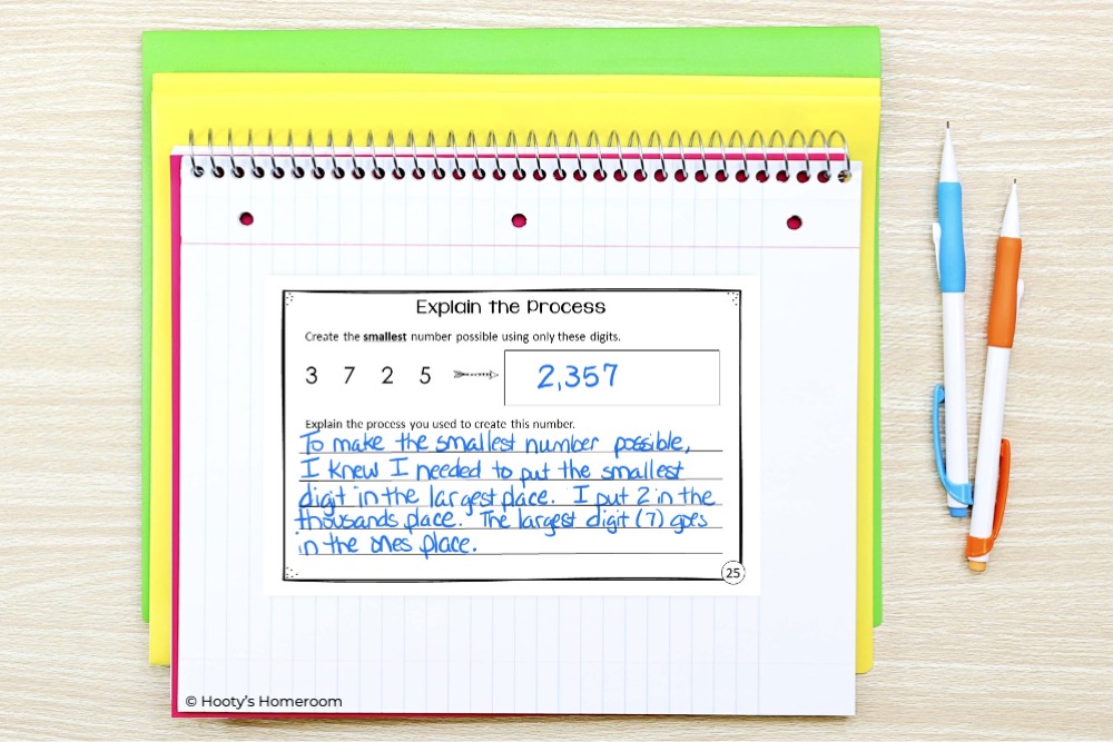 sample writing warm-up shown in math journal