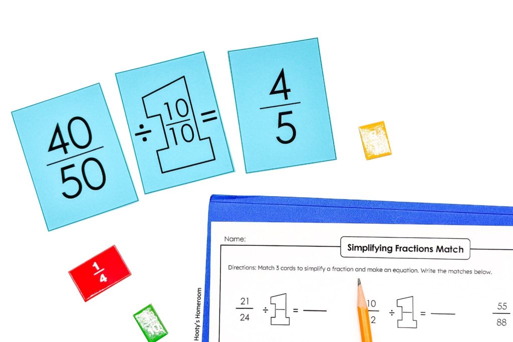 matching a fraction, a divisor card, and a simplified fraction to make a set