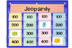 Task card Jeopardy game with volume of rectangular prisms task cards.