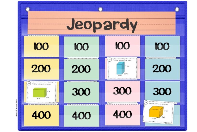 Task card Jeopardy game with volume of rectangular prisms task cards.