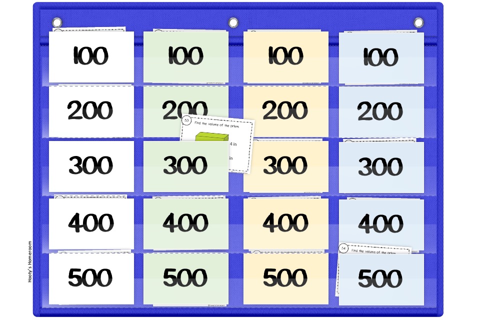 Task card Jeopardy game setup using a pocket chart.