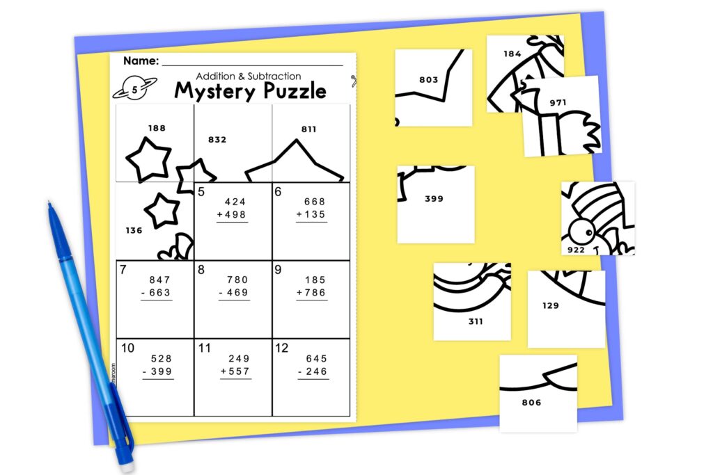 sample of a math mystery puzzle in the process of being completed