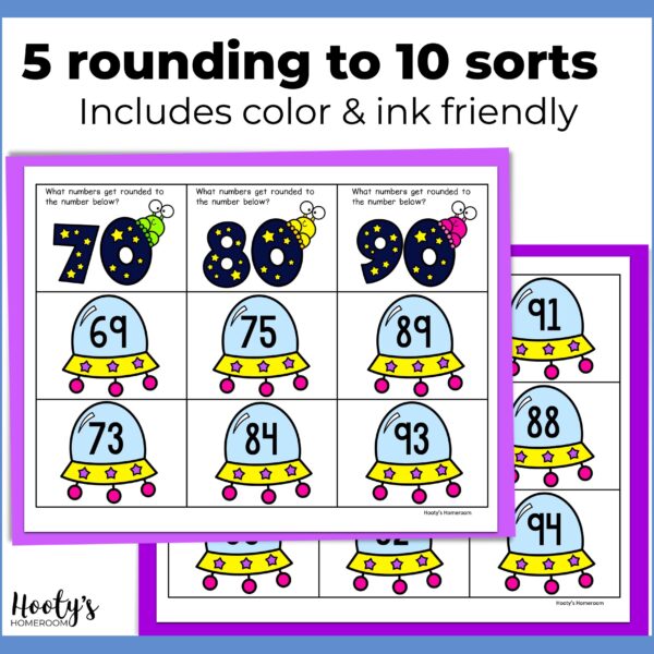 these rounding to the nearest 10 and 100 centers feature sorting space theme number cards