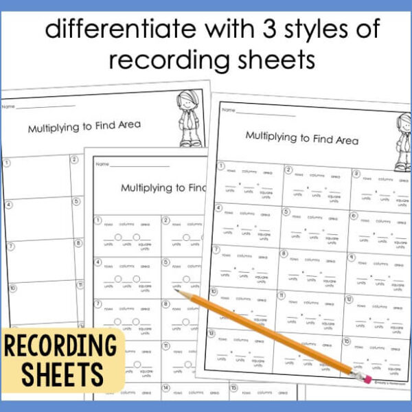 multiply to find area task card recording sheets