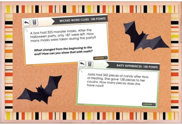 sample 3 digit addition and subtraction with regrouping questions from halloween jeopardy