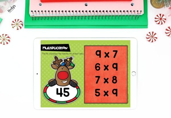 Christmas multiplication Boom Cards for 3rd grade math fact fluency practice