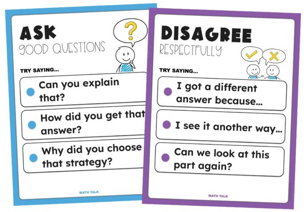 Math talk posters contain sentence stems students can use during math discussions.